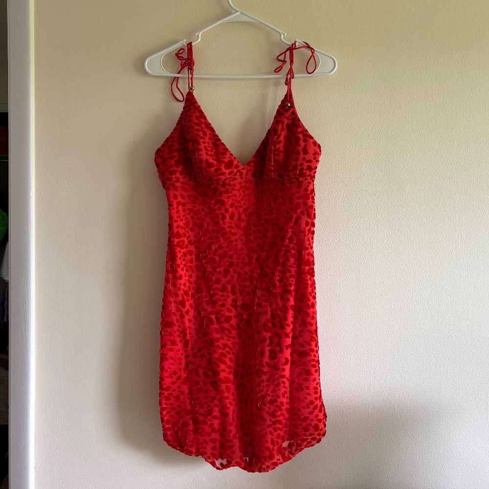 Red animal print mini tie strap dress
